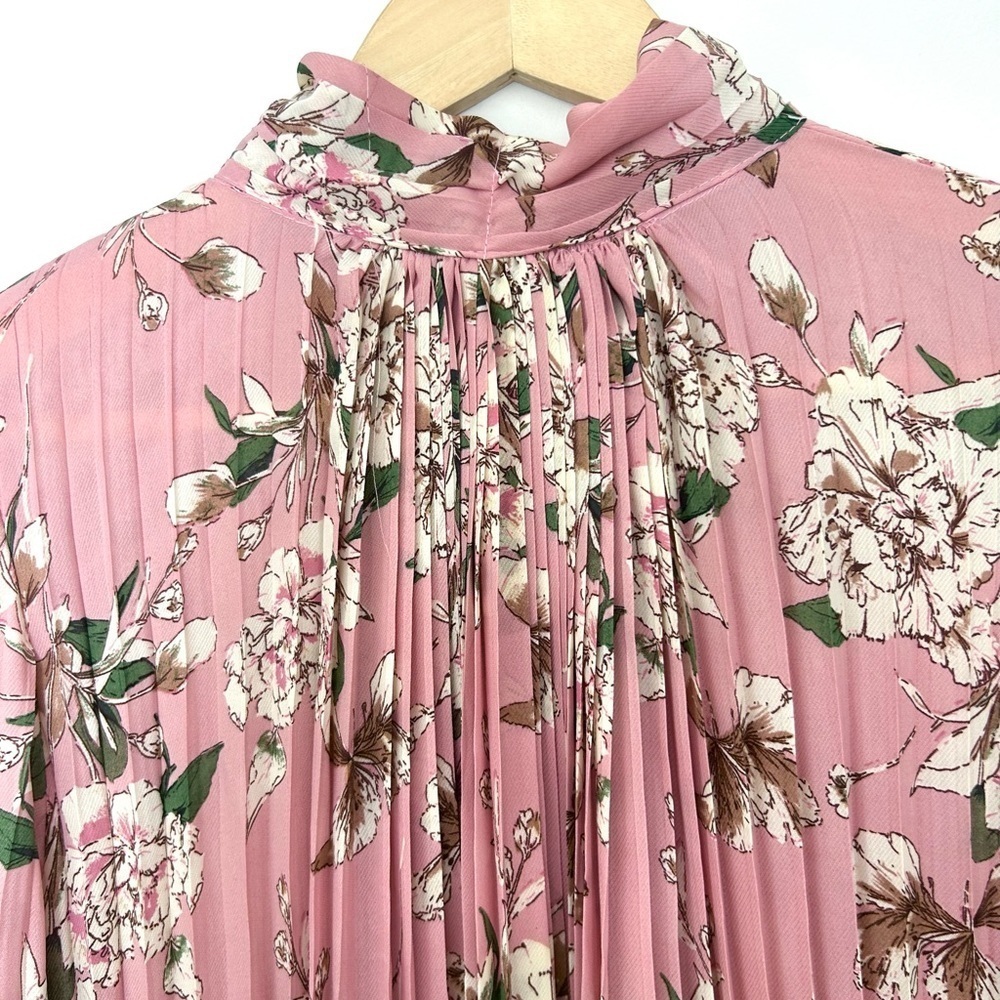 Unique pink printed pleated dress maxi flowy floral print long sleeve - Picture 8 of 9